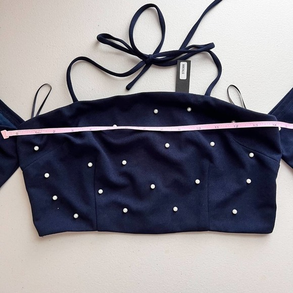 Miss Avenue Womens Pearl Off The Shoulder Crop Top Medium Navy Blue Halter - Picture 9 of 10